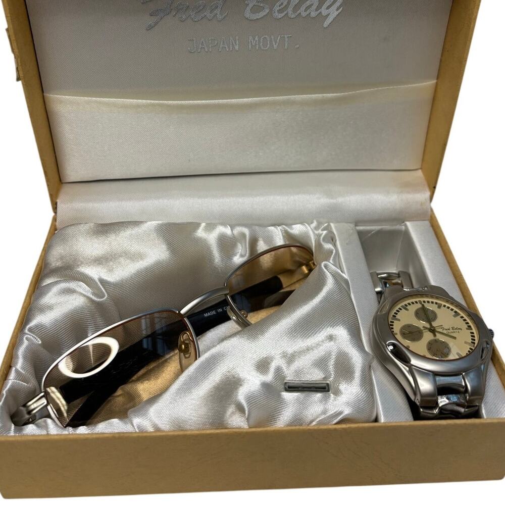 Vintage Fred Belay Watch & Sunglasses Set Box Stainless Steel Japan Movement